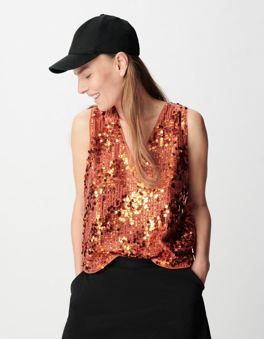 top senza maniche con paillettes color arancione zucca per donna