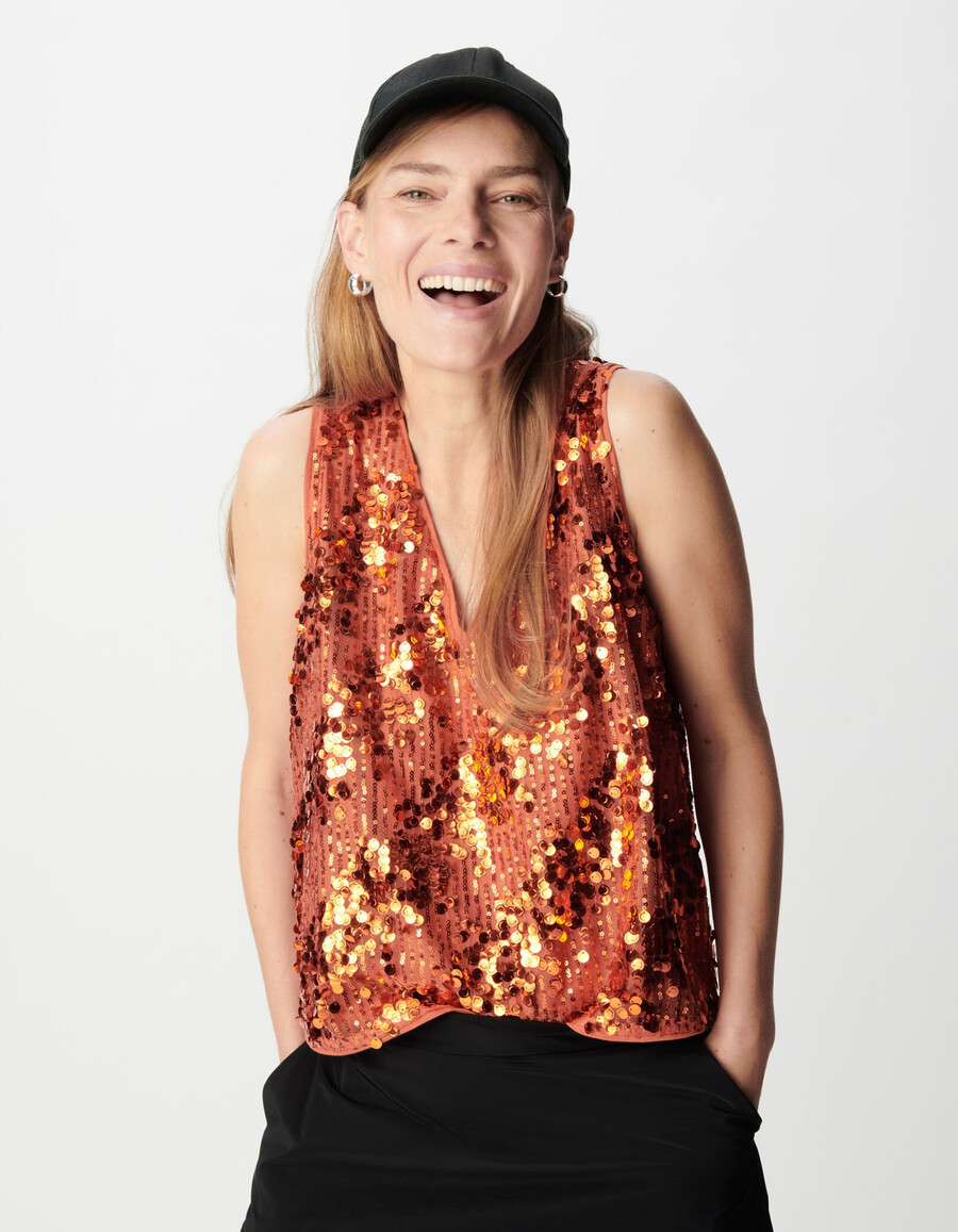 top senza maniche con paillettes color arancione zucca per donna