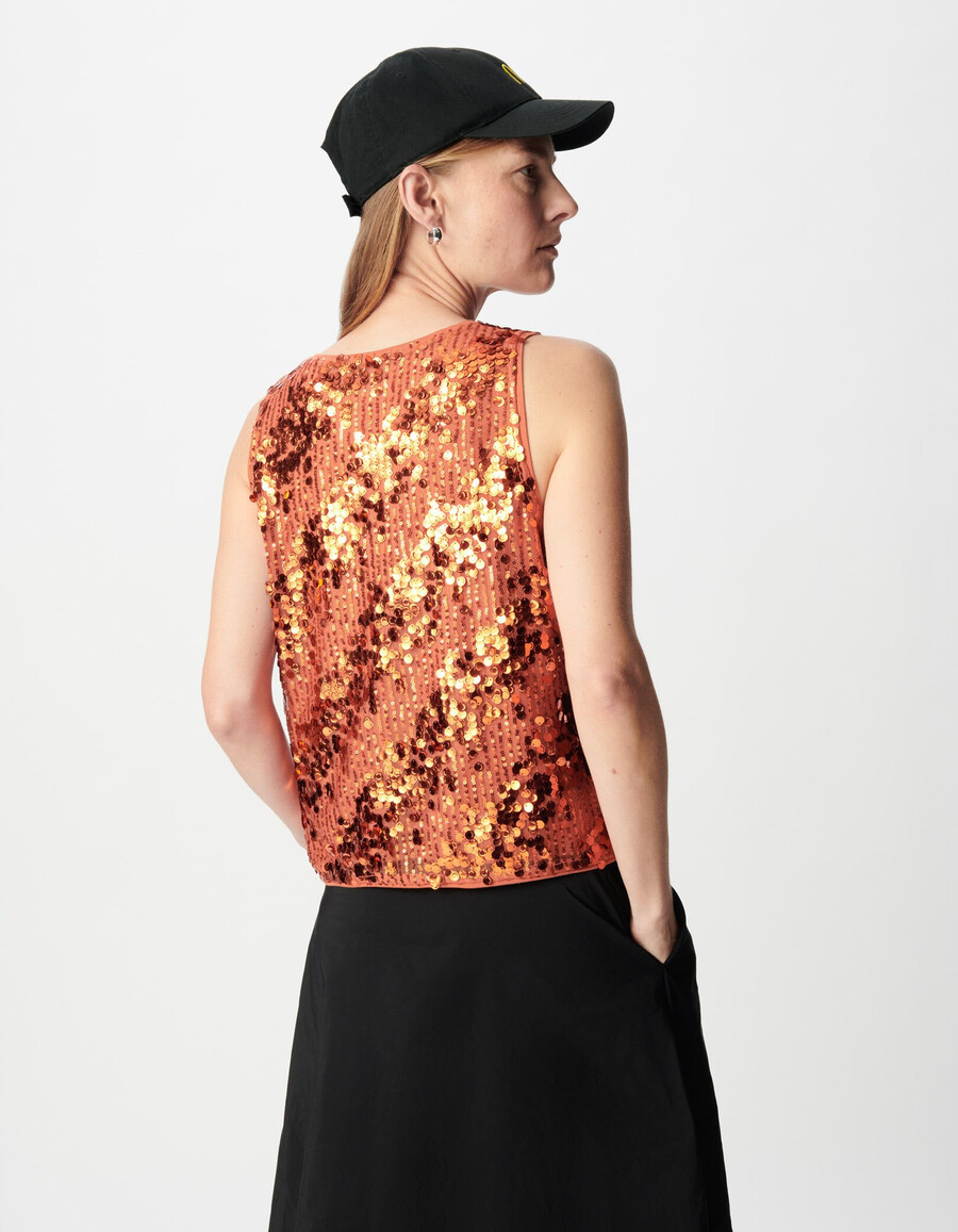 top senza maniche con paillettes color arancione zucca per donna