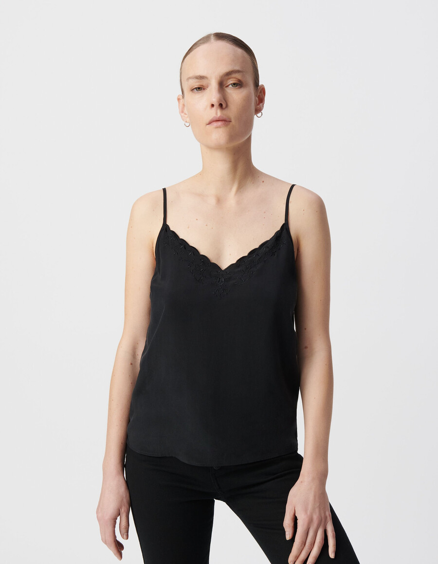 top nero con spalline ricamate per donna