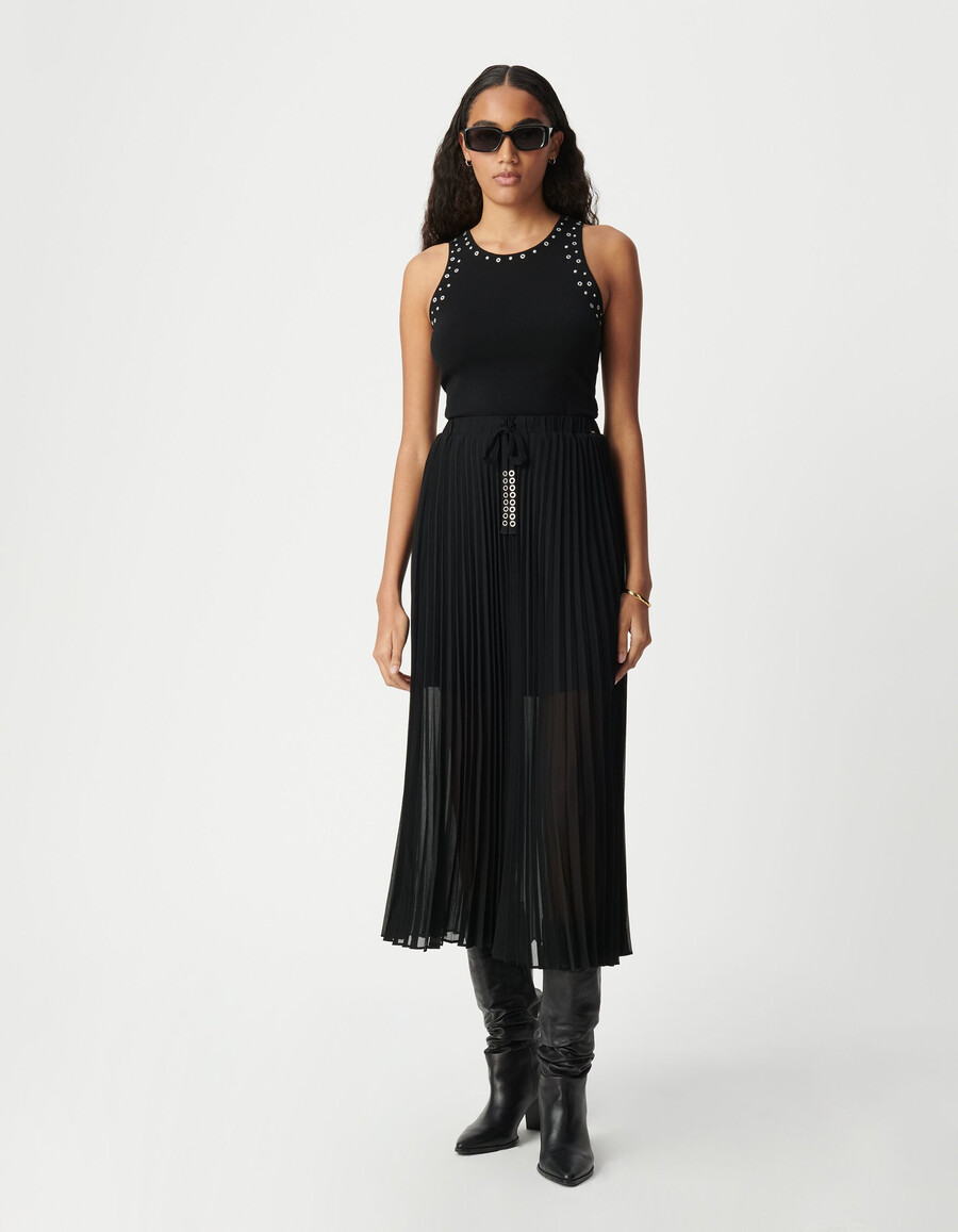 top senza maniche in maglia nera per donna con borchie
