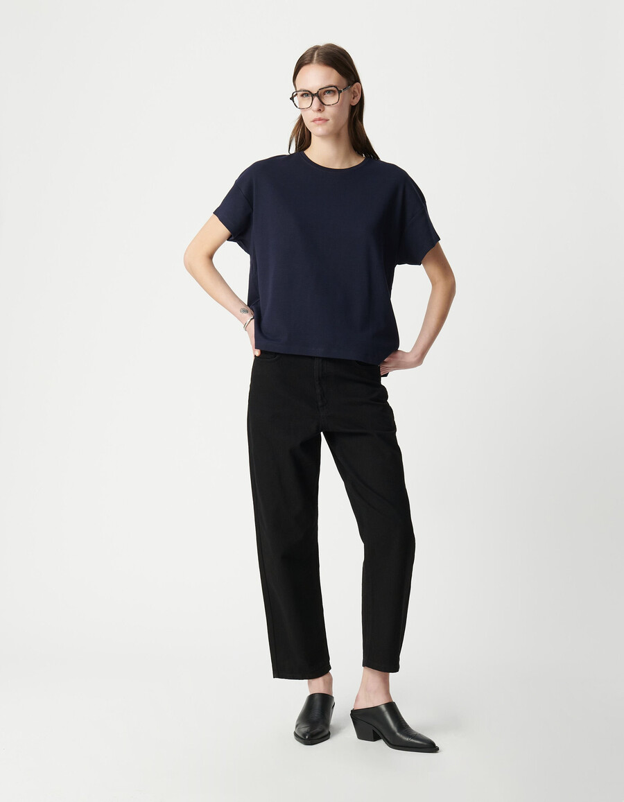 maglietta da donna con scollo tondo e ricamo a zigzag sul retro blu navy