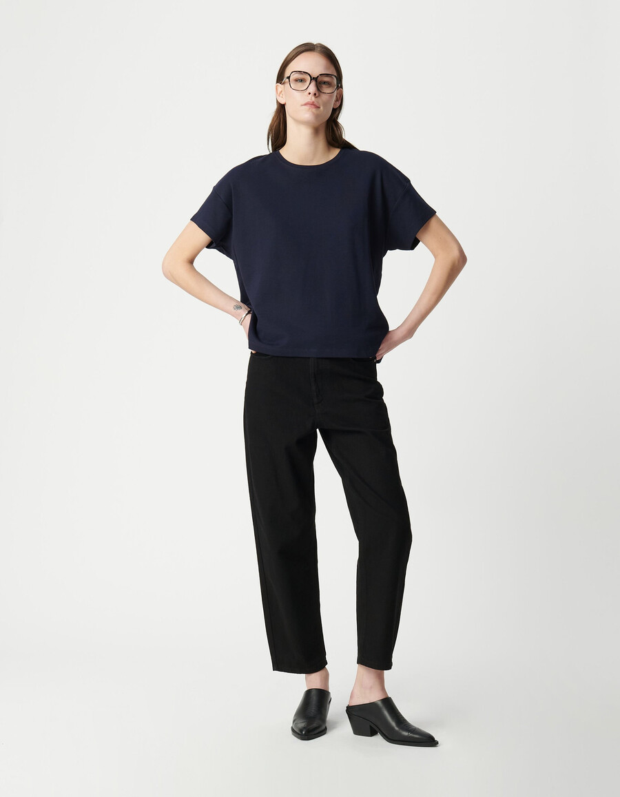 maglietta da donna con scollo tondo e ricamo a zigzag sul retro blu navy