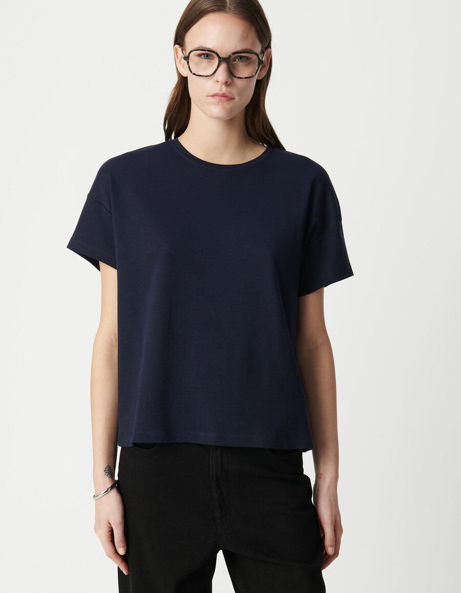 maglietta da donna con scollo tondo e ricamo a zigzag sul retro blu navy