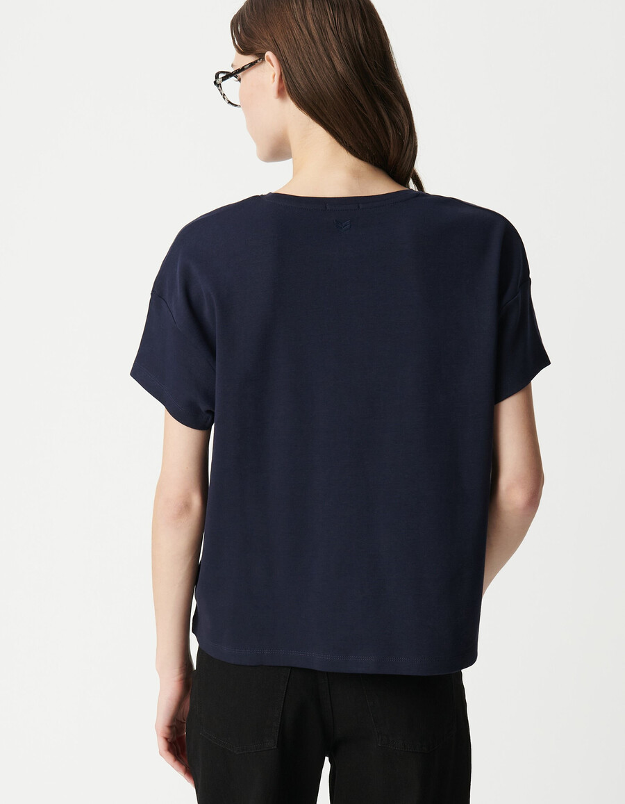 maglietta da donna con scollo tondo e ricamo a zigzag sul retro blu navy