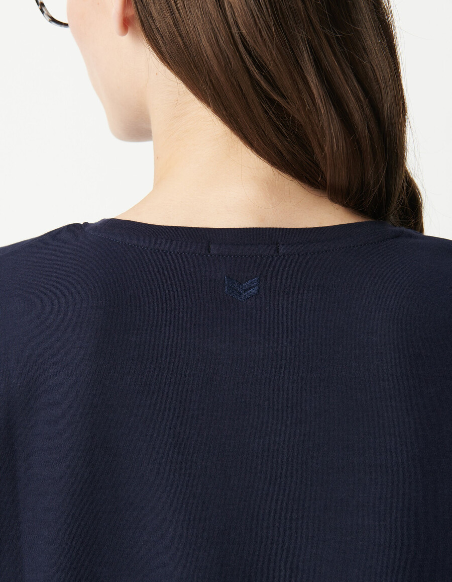 maglietta da donna con scollo tondo e ricamo a zigzag sul retro blu navy