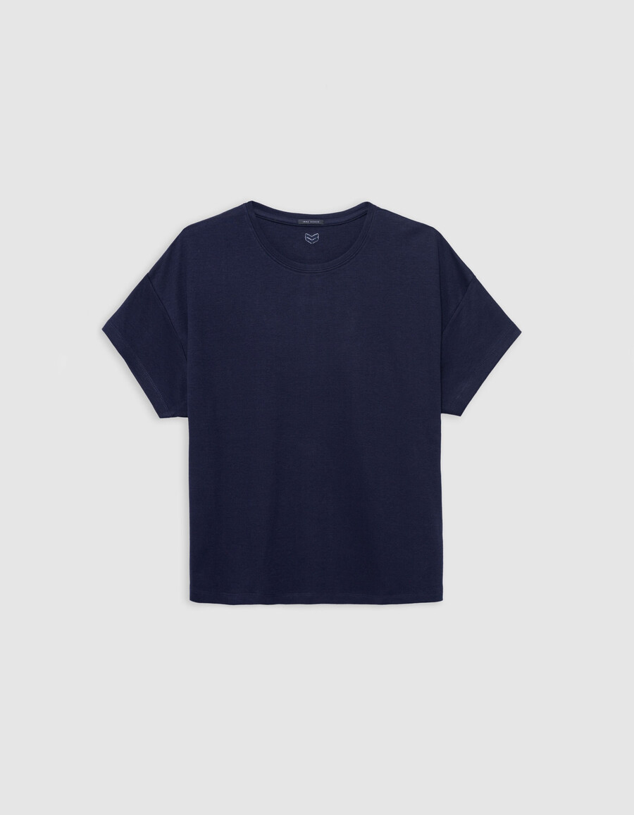 maglietta da donna con scollo tondo e ricamo a zigzag sul retro blu navy