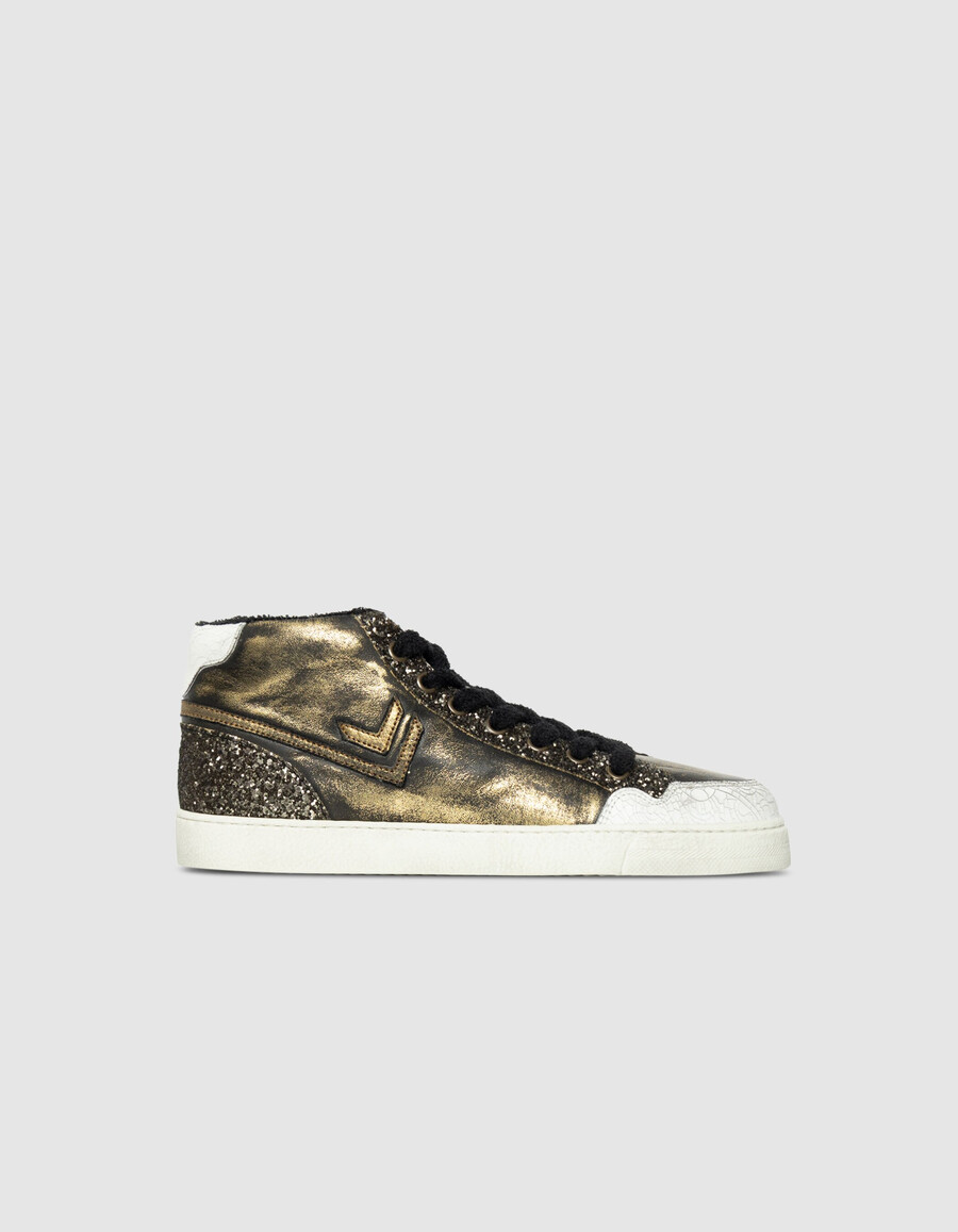 sneakers alte glitterate in pelle metallizzata color kaki da donna
