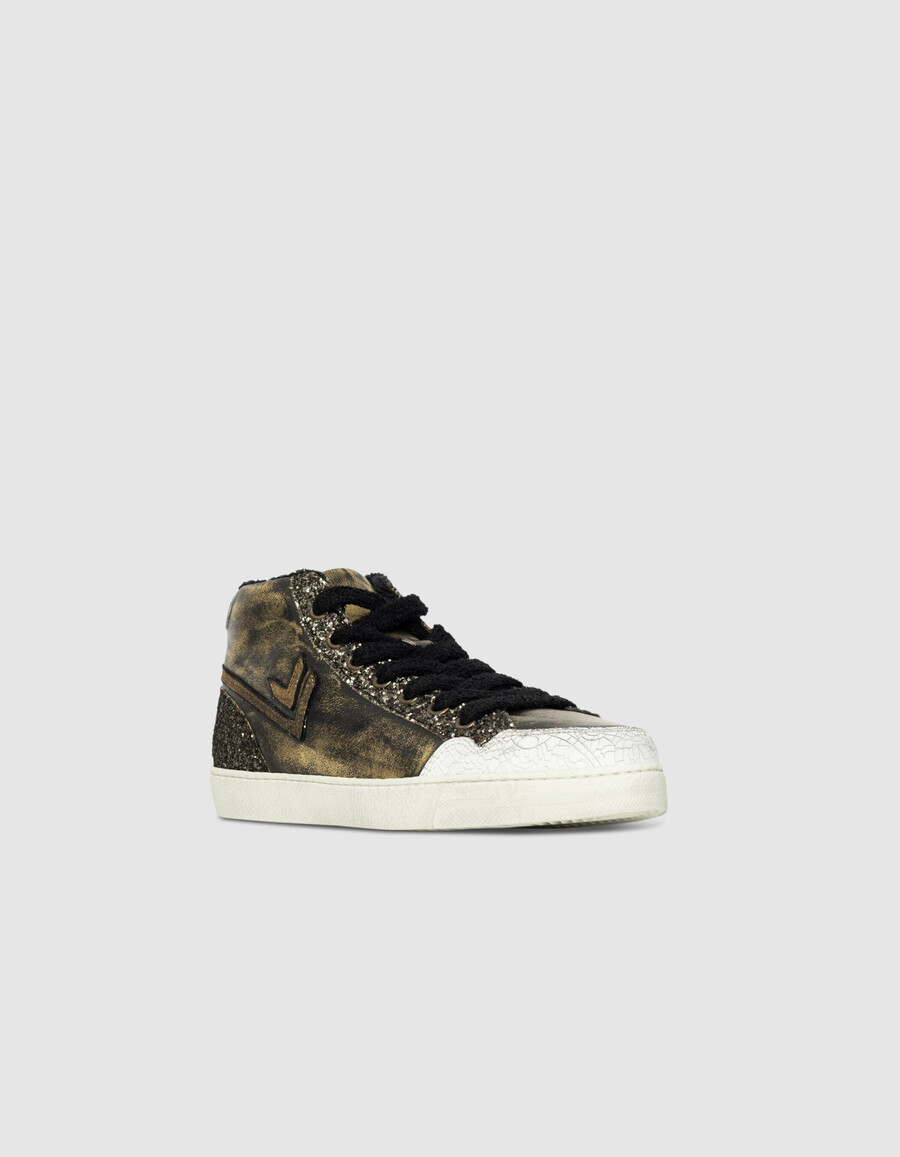 sneakers alte glitterate in pelle metallizzata color kaki da donna