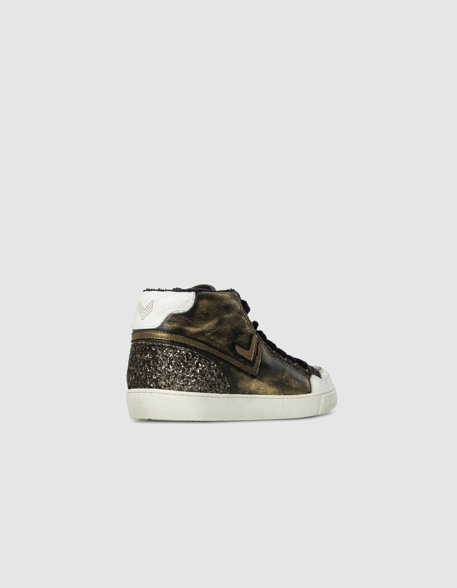 sneakers alte glitterate in pelle metallizzata color kaki da donna