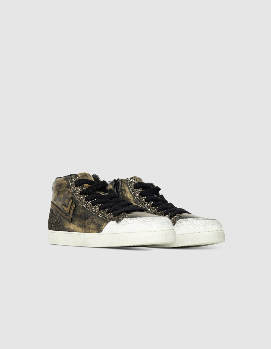 sneakers alte glitterate in pelle metallizzata color kaki da donna
