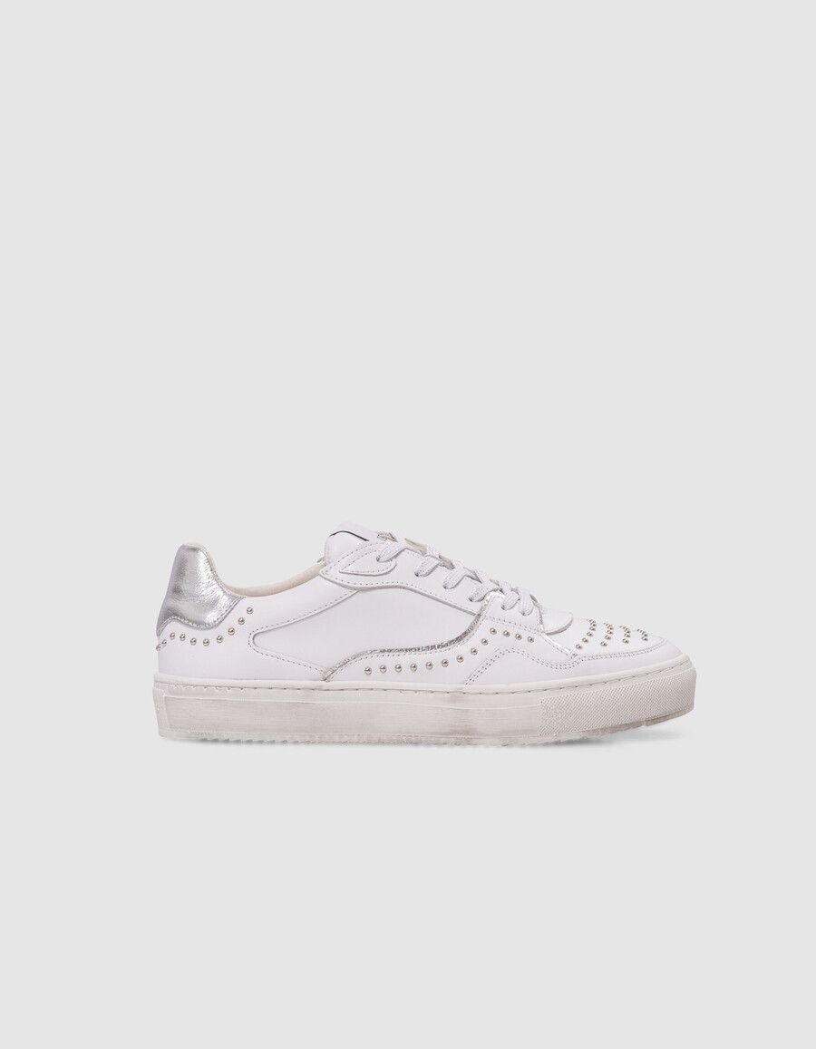 sneakers in pelle bianca con lacci argentati per donna