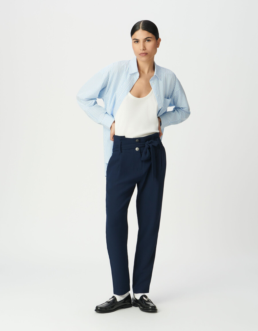 pantaloni blu navy a vita alta con cintura
