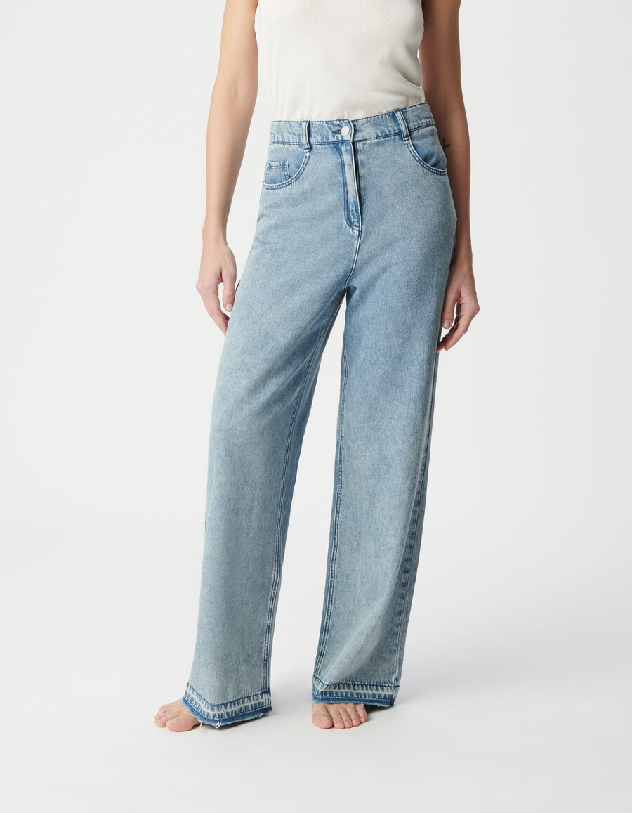 jeans blu a vita alta e gamba larga da donna