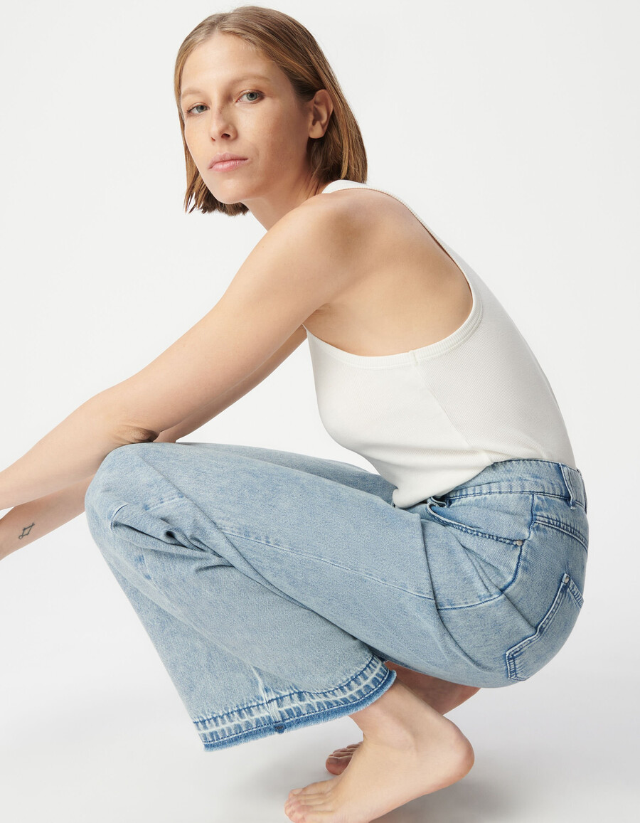jeans blu a vita alta e gamba larga da donna