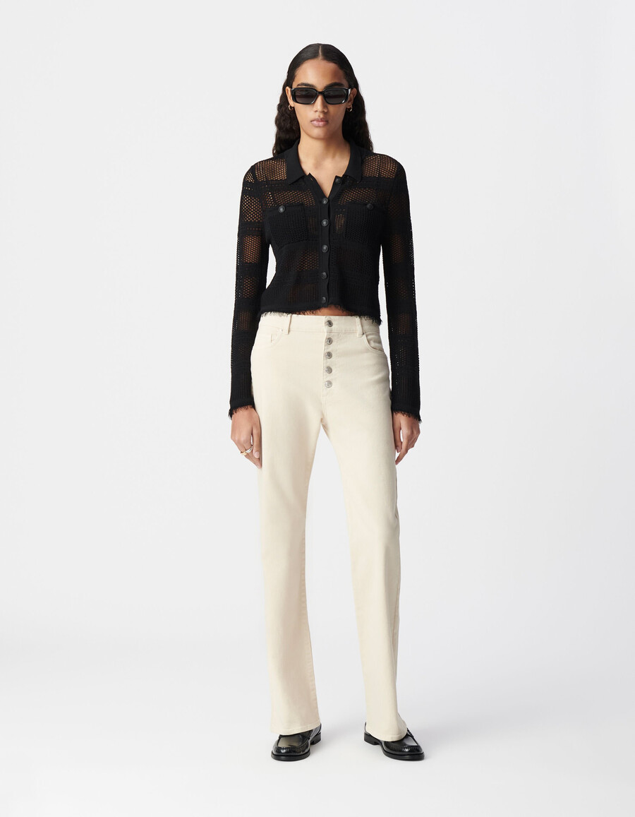 jeans a zampa beige da donna senza cuciture con bottoni a vista
