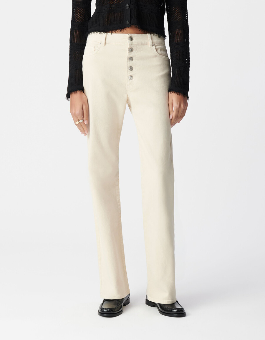 jeans a zampa beige da donna senza cuciture con bottoni a vista