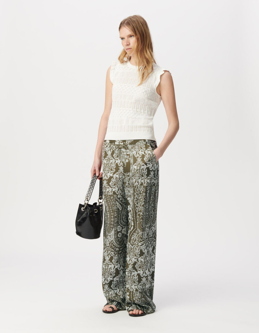 pantaloni larghi color cachi con stampa a sciarpa per donna