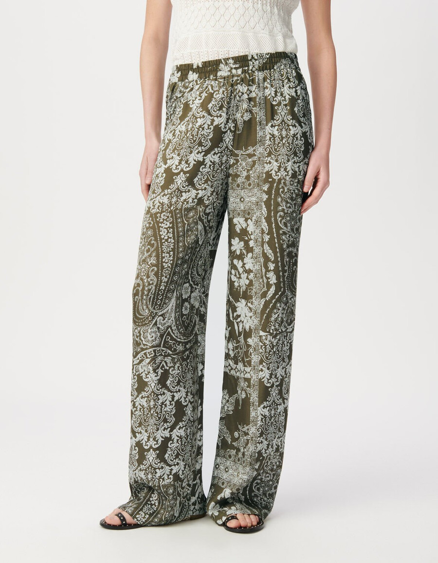 pantaloni larghi color cachi con stampa a sciarpa per donna