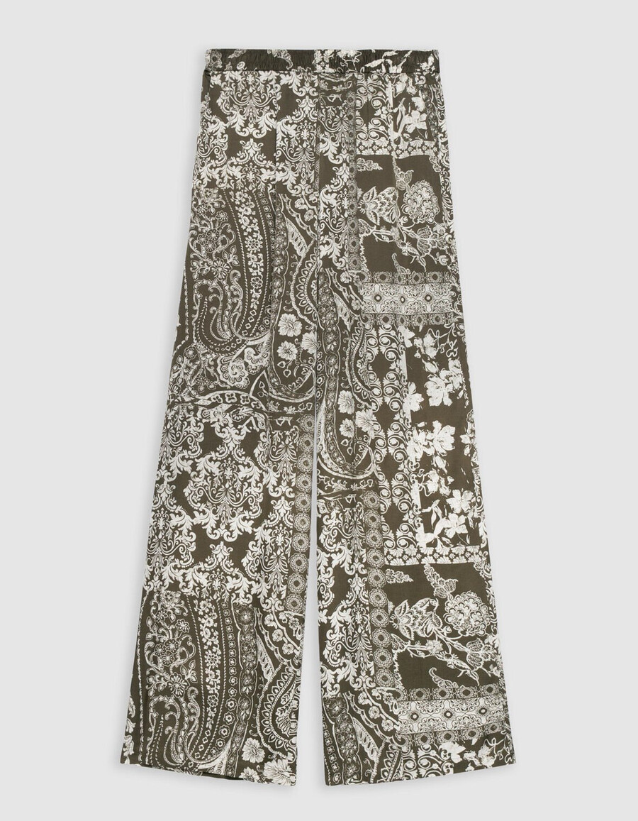 pantaloni larghi color cachi con stampa a sciarpa per donna