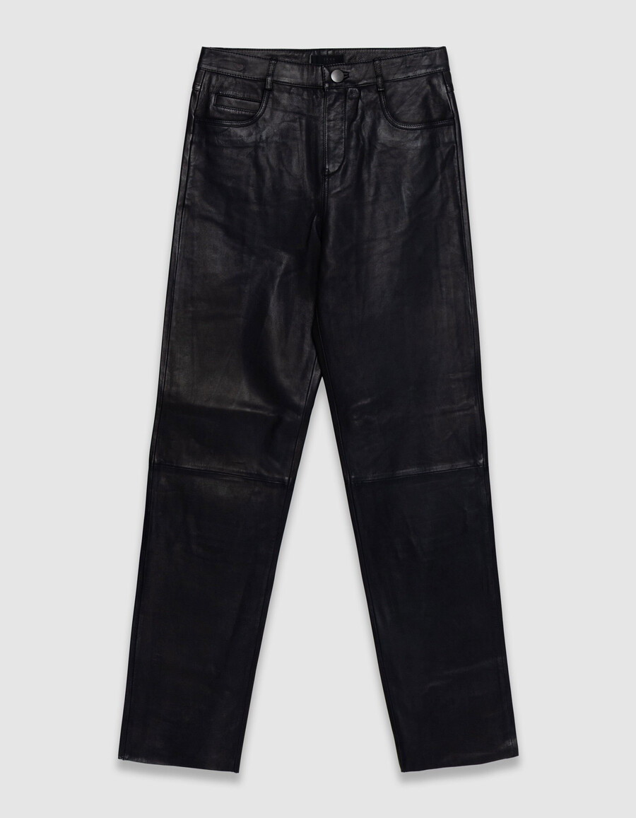 pantaloni da donna in pelle nera con taglio jeans