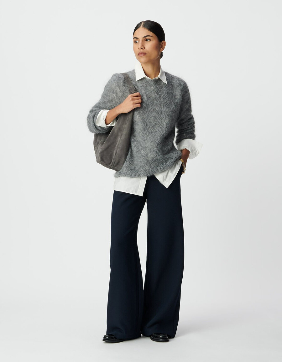 pantaloni dritti in flanella blu navy da donna