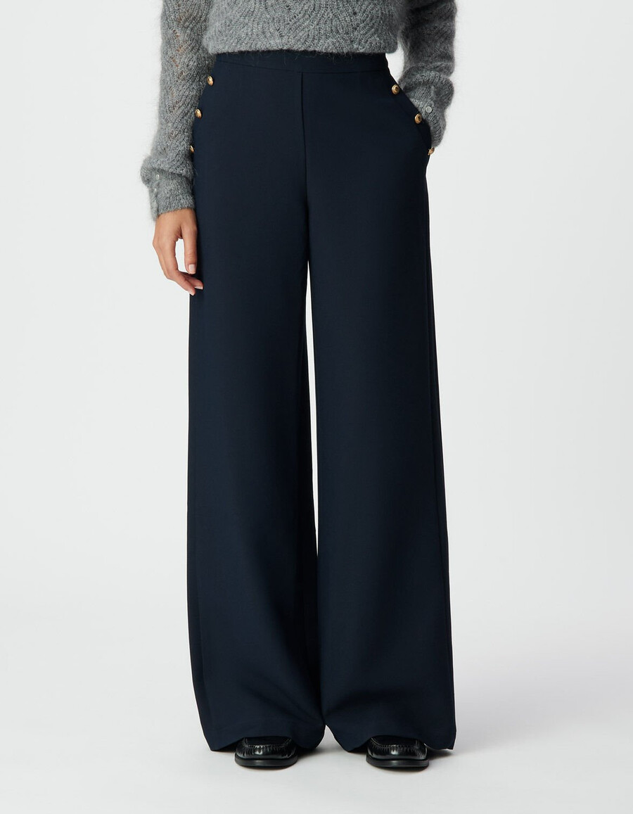 pantaloni dritti in flanella blu navy da donna