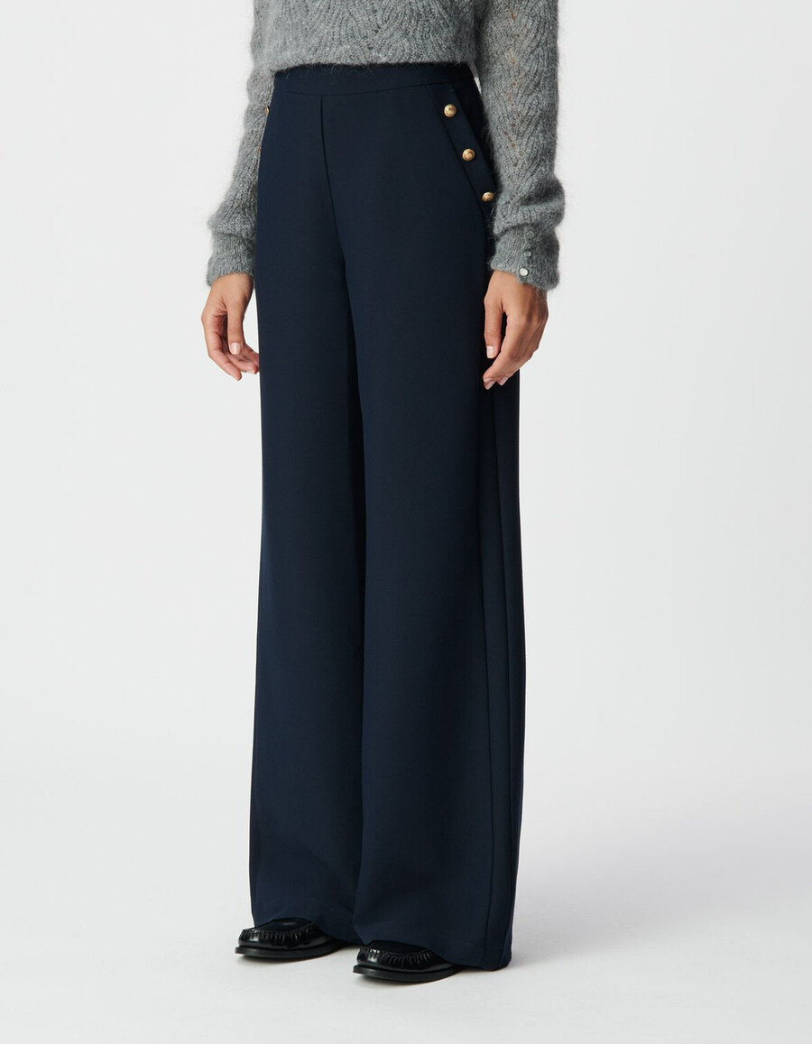 pantaloni dritti in flanella blu navy da donna