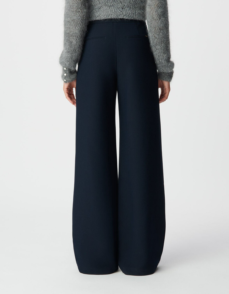 pantaloni dritti in flanella blu navy da donna