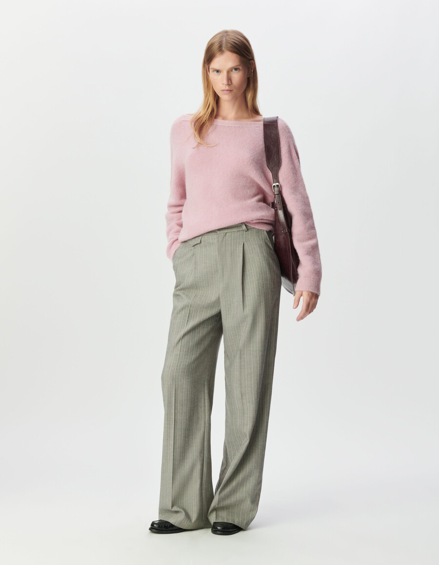 pantaloni da abito grigi da donna con strisce rosa