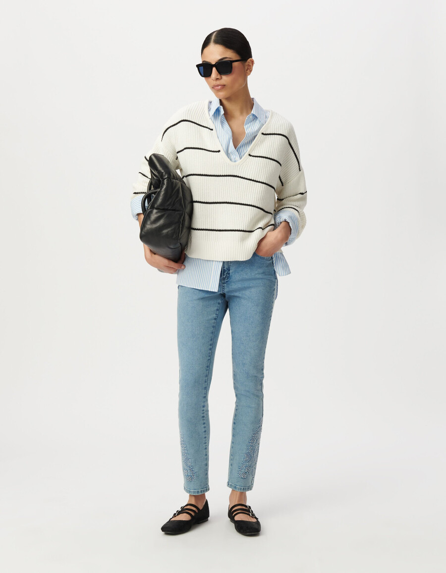 jeans slim 78 a vita alta blu da donna con ricamo