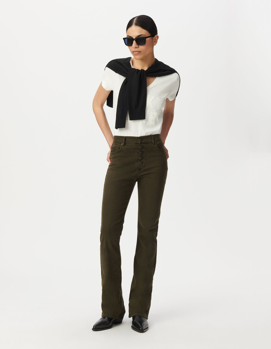jeans svasati color cachi da donna con bottoni a vista
