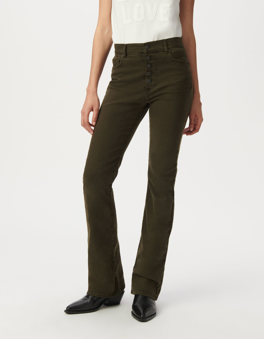 jeans svasati color cachi da donna con bottoni a vista