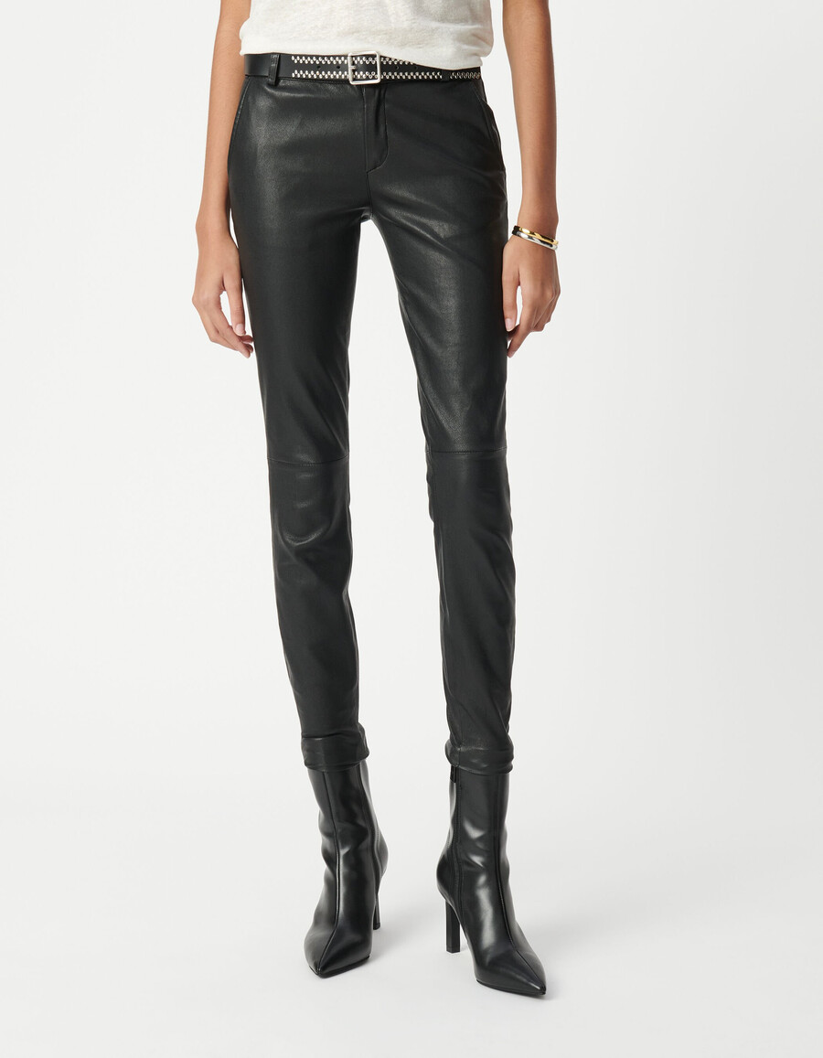 pantaloni da motociclista in pelle nera slim da donna