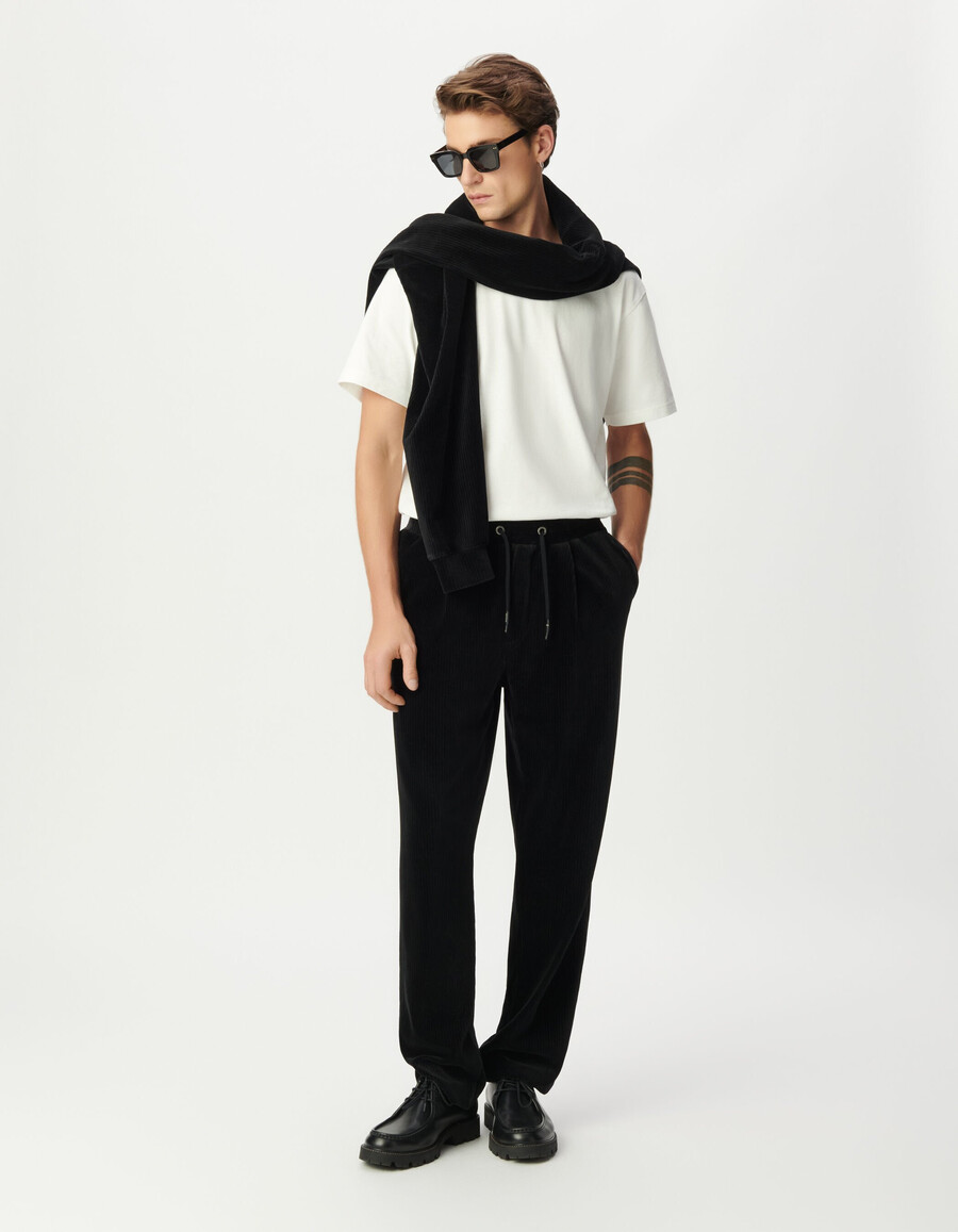 pantaloni da jogging in velluto a coste nero con elastico in vita da uomo